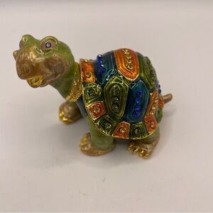 Vintage  Tortoise Turtle Bejeweled Enamel Covered Trinket ring Dish  Hinged Lid